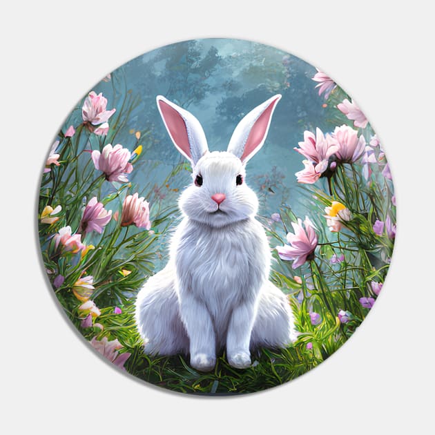 Fluffy white bunny rabbit in the woods with pink flowers Pin by akwl.design