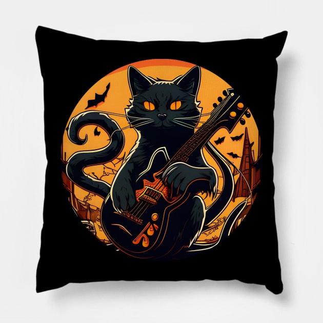 Alone Cool Black Cat Playing Guitar Bass - Love Guitar Pillow by Wesley Mcanderson Jones