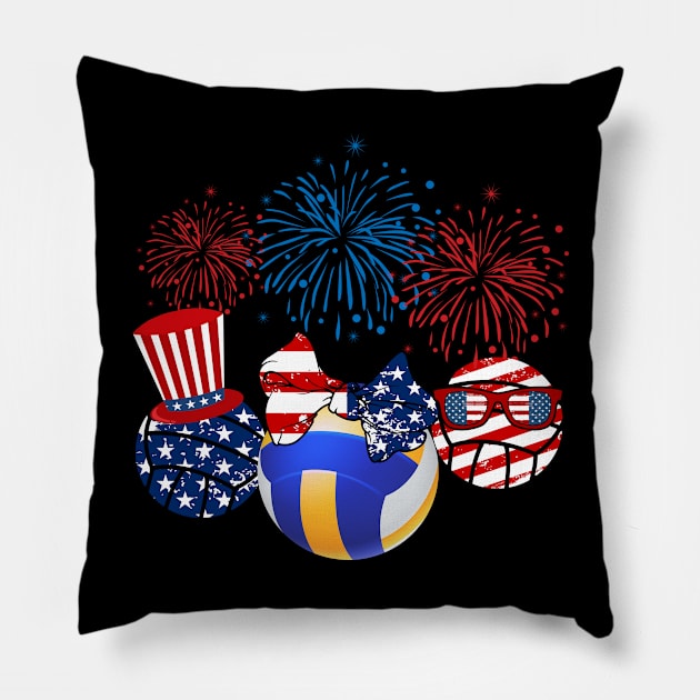 Volleyball American Flag Fireworks Pillow by Flavie Kertzmann