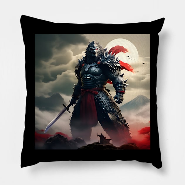 Japanese Monster Dragon Samurai Ninja Vintage Landscape Movie Artist Fan Frame Pillow by Pistacchio Gift