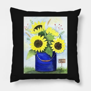 Sunflowers in a bucket watercolor painting Pillow