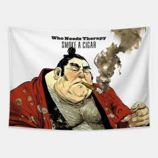 Puff Sumo: Who Needs Therapy, Smoke a Cigar on a light (Knocked Out) background Tapestry