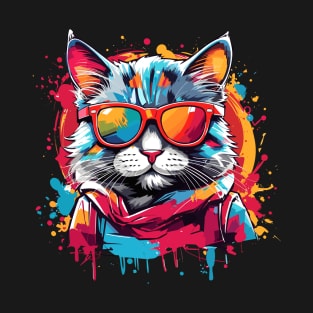 Funny Design Color Cat Wearing Sunglasses Meow Retro Meme T-Shirt