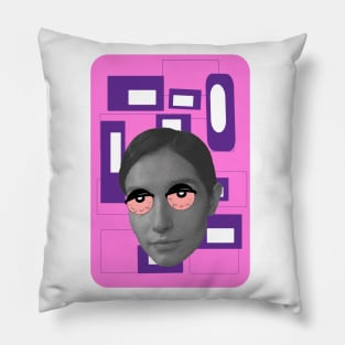 Funny cartoon eyes on woman with pink & purple 50s background Pillow