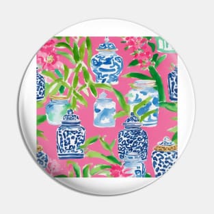 Orchids and chinoiserie jars on pink Pin