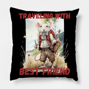 Watercolor Rat Traveling with Best Friend Red Pillow