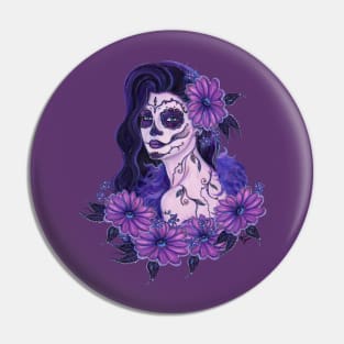 Day of the dead purple gerbera daisy art by Renee Lavoie Pin