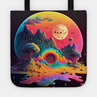 Spooky Moonlit Mountainscape - Psychedelic Landscape - Paint Dripping 3D Illustration - Colorful Haunted Nature Scene Tote