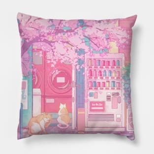 The kawaii Tokyo cats, laundry store and the pink sakura blossom Pillow
