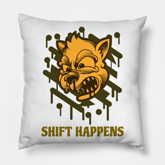 Shift Happens Funny Toon Wolf Design Pillow by Figmenter