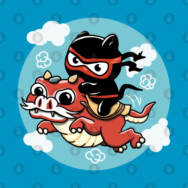 Kawaii Ninja Cat Riding a Red Dragon by TMBTM