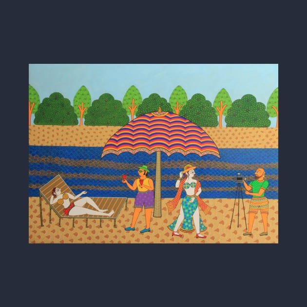 Indian folk art phad painting with modern fusion, Summer beach theme by gopalpjoshi