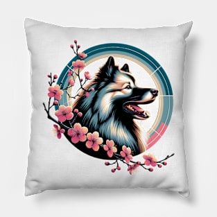 Keeshond Radiates Joy Amid Spring Cherry Blossoms Pillow