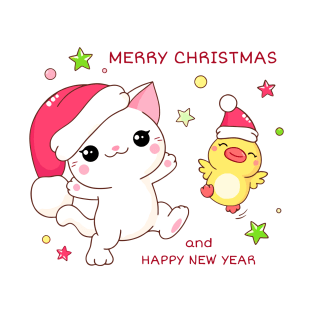 Funny Christmas Gifts friends kitten and duck In santa hats T-Shirt