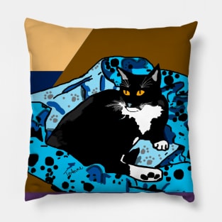 Cute Tuxedo cat laying in a paw print bed Pillow