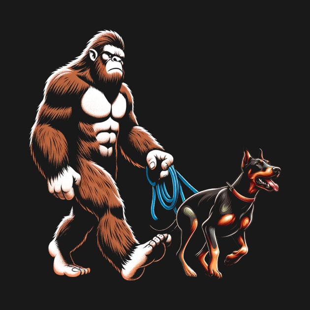 Bigfoot Walking Doberman Pinscher Dog Tee Triumph for Fans of Elegant Canines by Kevin Jones Art