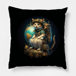 Traveller explorator cat near earth globe illustration Pillow
