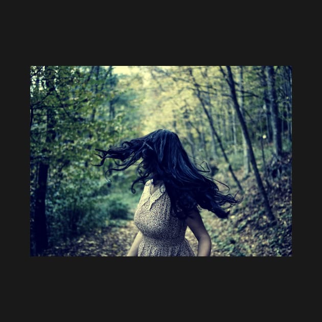 Scared girl running in the forest by naturalis