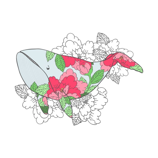 Whale with Peonies by natelledrawsstuff