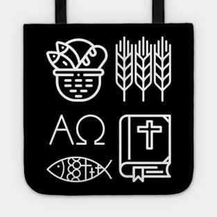 Black and White Christian Symbols Alpha, Omega, Wheat, Harvest, Bible, Fish, Bread Tote