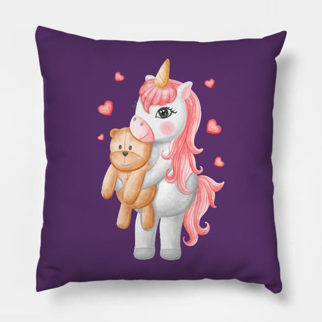 Unicorn Bear WAtercolor Pillow by Mako Design 