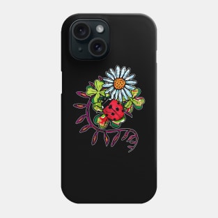 Red ladybug and white daisies on clover leaves Phone Case