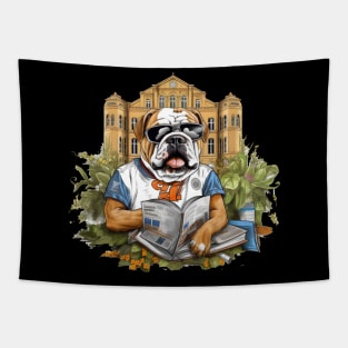 Accountant English Bulldog t-shirt design, a bulldog wearing a graduation cap and holding Tapestry