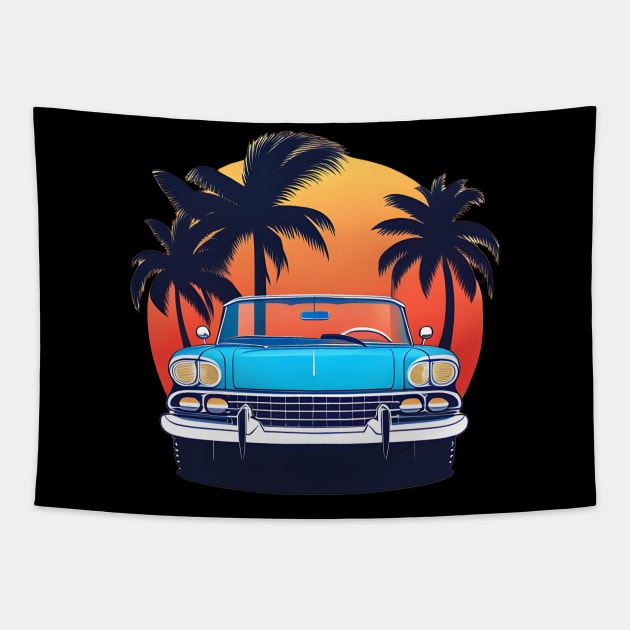 blue 1960s classic car with sun and palm trees Tapestry by Kraaibeek