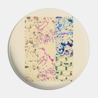 Paint Spill fiber art on beige background, blue green pink purple Pin