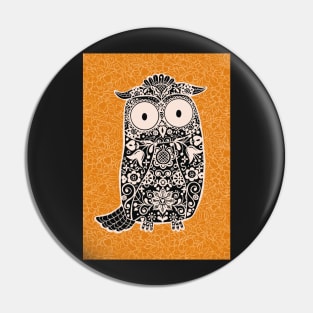 Black and White Folk Art Owl on orange floral background Pin