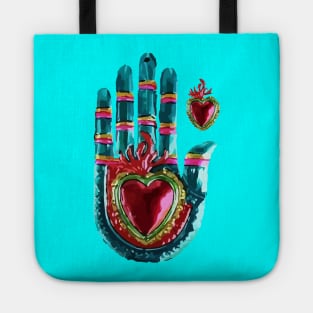 Tin hand mexican metal folk art and crafts sacred heart ornament Tote