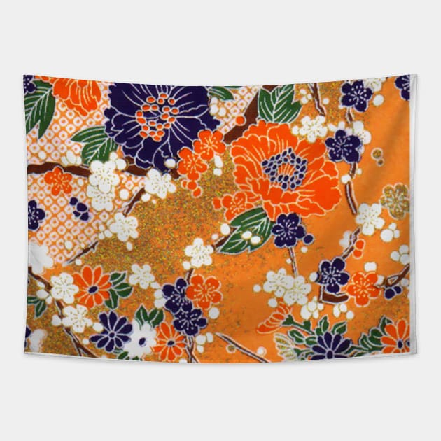 ORANGE BLUE WHITE SPRING FLOWERS IN GOLD YELLOW Antique Japanese Floral Tapestry by BulganLumini