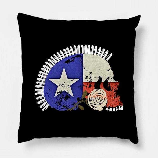 Texas Flag Skull with Bullet Mohawk and White Rose Pillow by RawSunArt