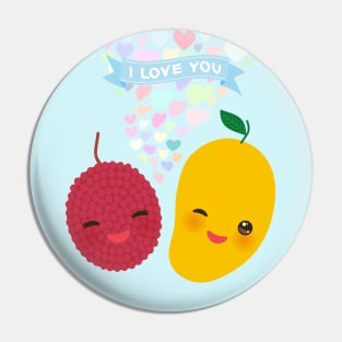 Kawaii lychee and mango with pink cheeks and winking eyes Pin