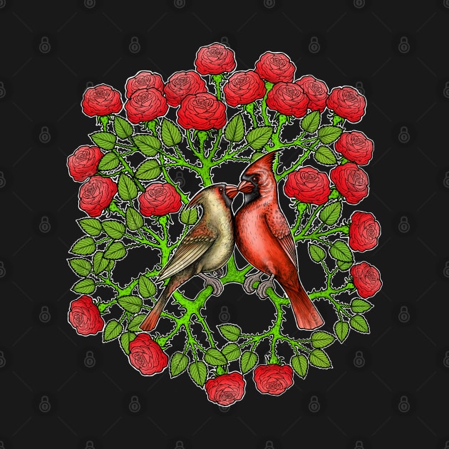 Red Cardinal birds in rose flowers by Artardishop