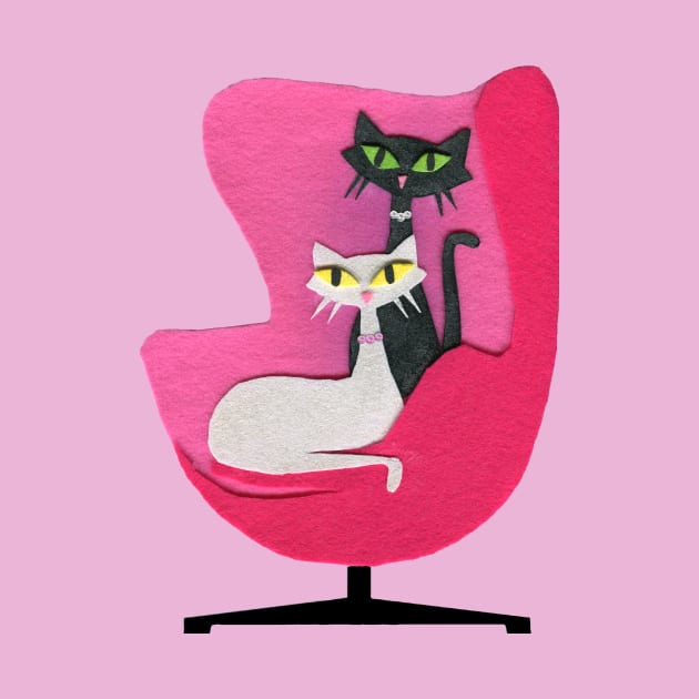 Mid Century Atomic Cats in Pink Chair by DeerSpiritStudio