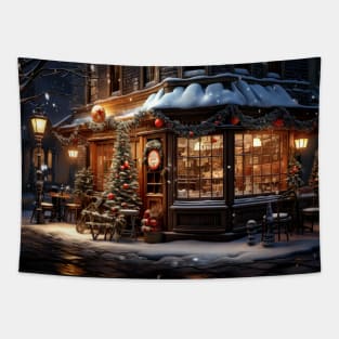 A small, cozy village shop with a snowman out front Tapestry