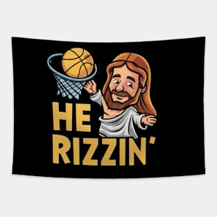 He is Rizzin Funny Easter Jesus Playing Basketball Meme Tapestry