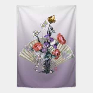 Orange red watercolor peonies and roses with a folding fan Tapestry