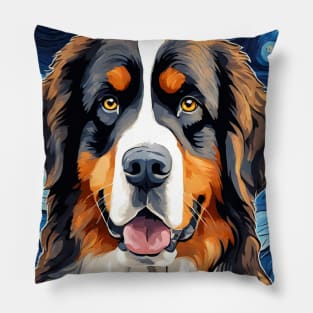 Bernese Mountain Dog Breed Painting in a Van Gogh Starry Night Art Style Pillow