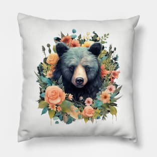 Nature's Embrace: Vintage Black Bear Botanical Illustration Pillow