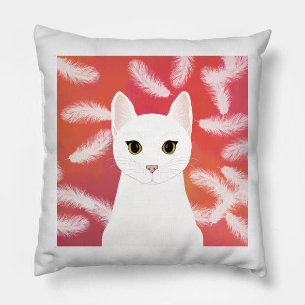 The cute white cat queen is watching you , white feathers on the colorful  background Pillow by marina63