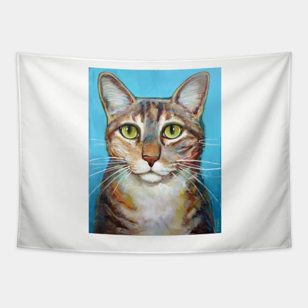 Striped Cat Blue Background Tapestry by RobertPhelpsArt