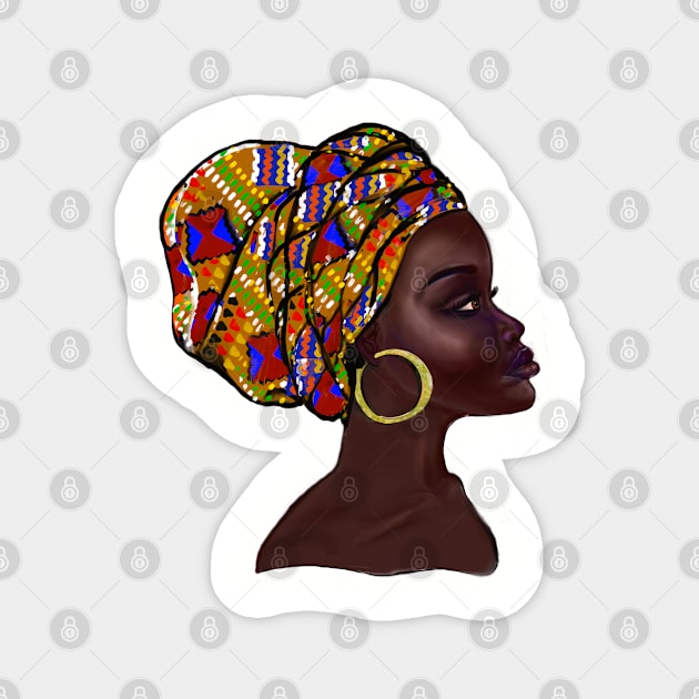 Afro queen With Kinte headwrap- Mahagony brown skin girl with thick glorious, curly Afro Hair and gold hoop earrings Magnet by Artonmytee