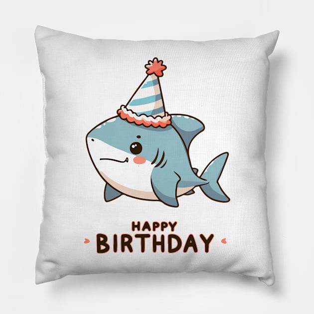 Kawaii Happy Birthday Baby Shark Party Pillow by TomFrontierArt