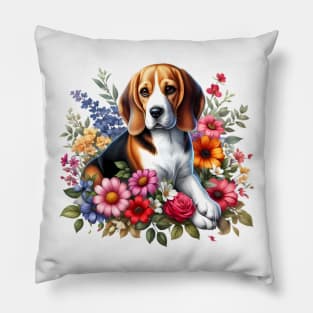 A beagle with beautiful colorful flowers Pillow