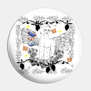 Angel with Wings Illustration Floral Butterfly Design Pin