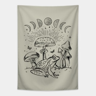 Frog Under Mushroom Moon, Dark Academia Cottagecore Toad and Butterfly Tapestry