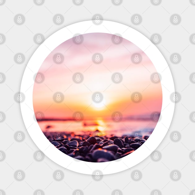 Summer Sunset Bringing Out Shades Of Pink, Gold And Orange In The Sky, Ocean And Beach Pebbles Magnet by AishwaryaMathur