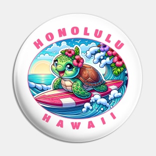 Honolulu Hawaii Girls Cute Surfing Sea Turtle Pin